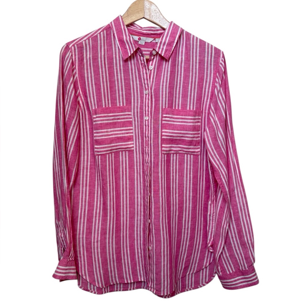 Boden 100% Linen Pink Striped Button Down Shirt Collar Lightweight Flowy Preppy